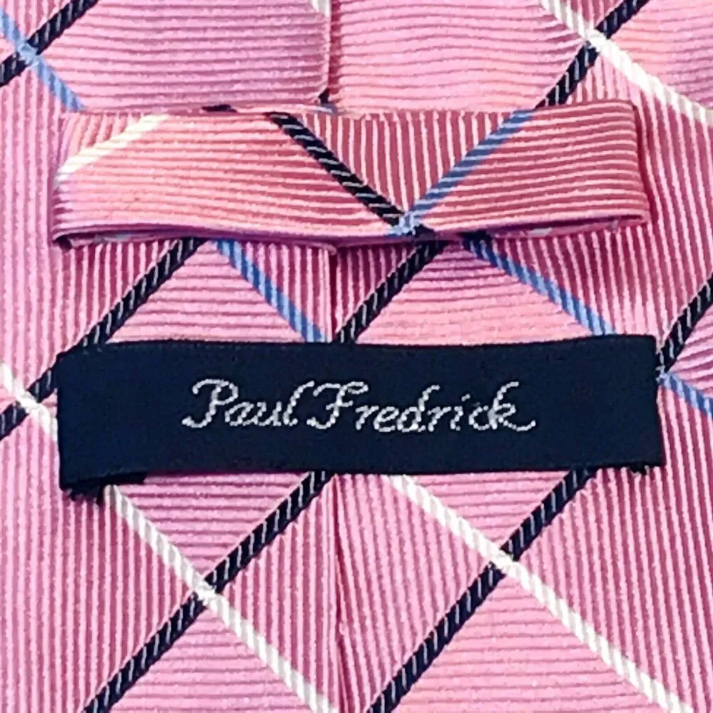 Paul Fredrick Tie Pink Plaid Repp Weave Hand Made Imported Silk Summery Preppy